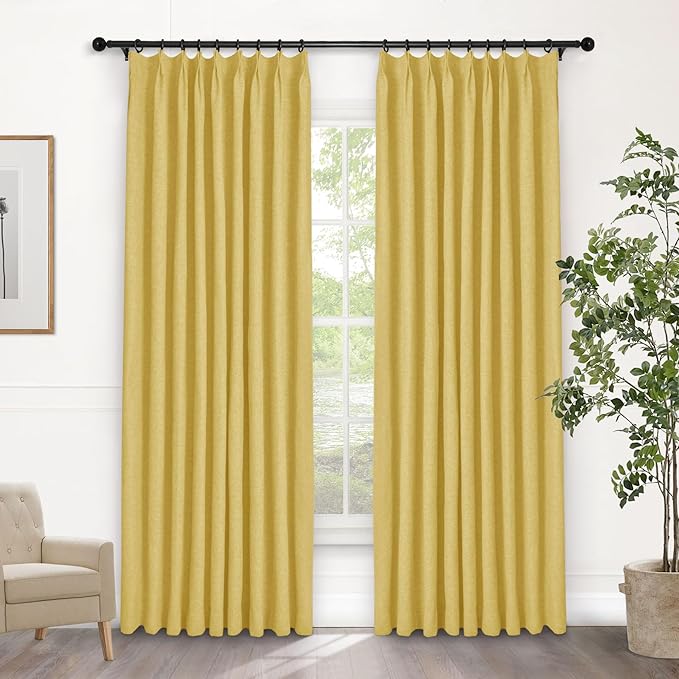 Macochico Pinch Pleated Blackout Curtains 102 Inches Long 100% Blackout Natural Linen Drapes for Bedroom Living Room Windows Farmhouse Burlap Curtains with Tieback 52”Wx102”L Yellow 1 Panel