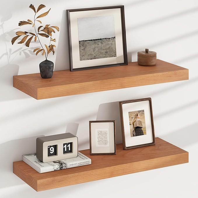 Floating Shelves for Wall, USA-Sourced Cherry Wood 24 Inch Wall Shelves Set of 2, Natural Wooden Wall Mounted Picture Ledge Shelf, Nursery Book Storage Shelf Kids Bookshelf, Display Shelf for Bathroom