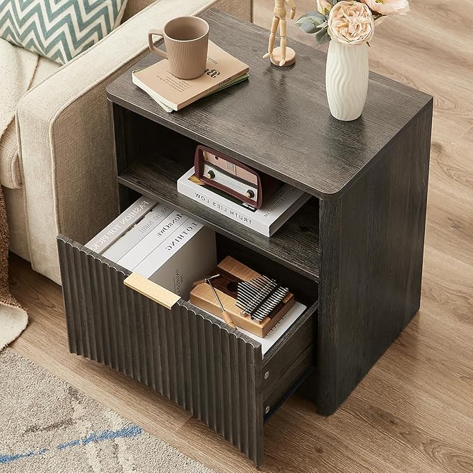 Fluted Nightstand, Dark Grey Bedside Table with Drawer and Storage, Wood End Table Mid Century Modern, Large Night Stand for Bedroom