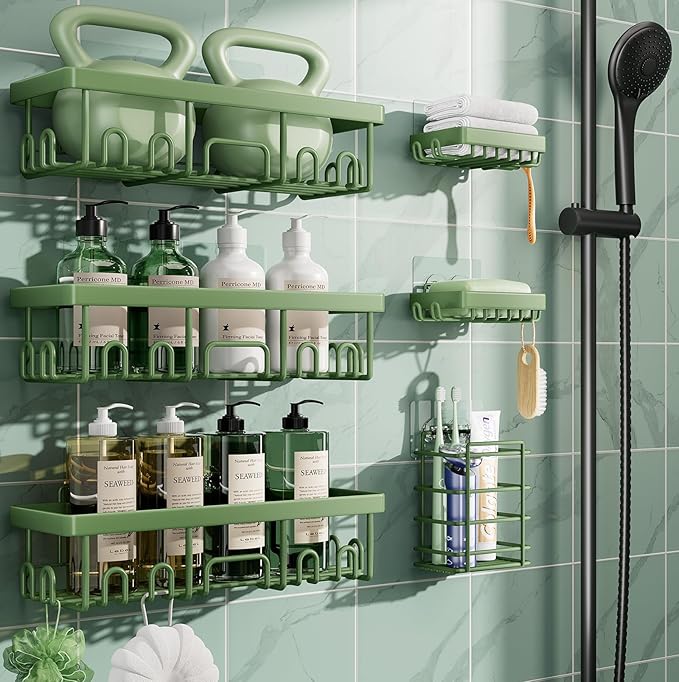 Veken Rustproof & Waterproof Shower Caddy 6-Pack, No Drilling Adhesive Shelves Rack with Soap Holder, Large Capacity Bathroom Organizers and Storage, Wall-Mounted Kitchen & Home Decor