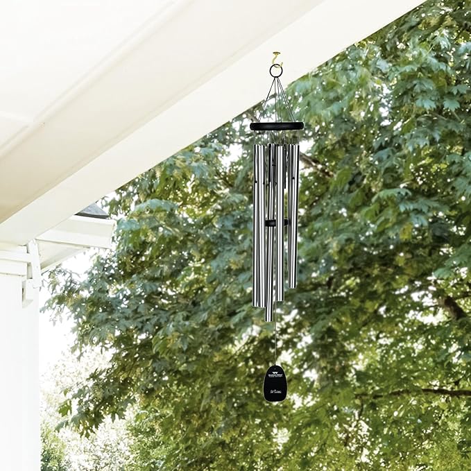Woodstock Wind Chimes Pachelbel's Canon in D, Silver Aluminum Tubes, Medium 32 - Inch, Deep Toned Windchime for Outdoor Decor for Garden, Patio, Porch