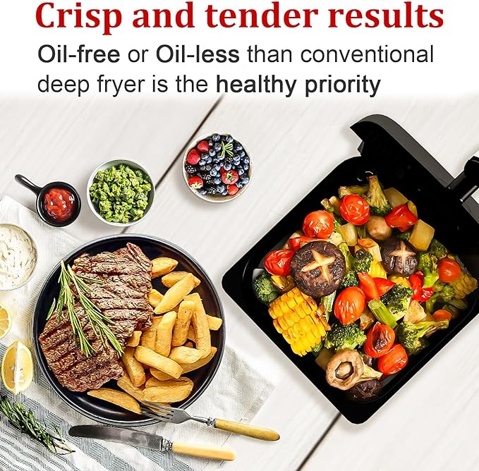 Air Fryer, 6.2QT Air Fryer Oven with LED Digital Touchscreen, 12 Preset Cooking Functions Air fryers, Bake, Reheat, Keep Warm, Nonstick and Dishwasher-Safe Basket, Stainless Steel/Black