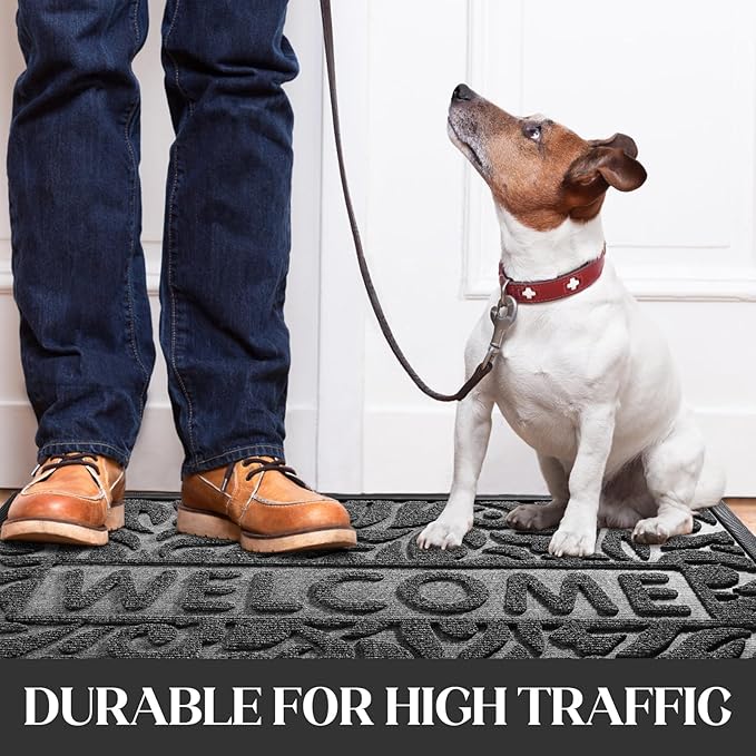 Yimobra Welcome Door Mat Outdoor Indoor, Non Slip Front Doormats, Heavy Duty Rubber Backing, Low-Profile Entrance Mat, Absorbent Resist Dirt, Easy Clean Patio Garage Floor Mats, 29.5 x 17, Grey