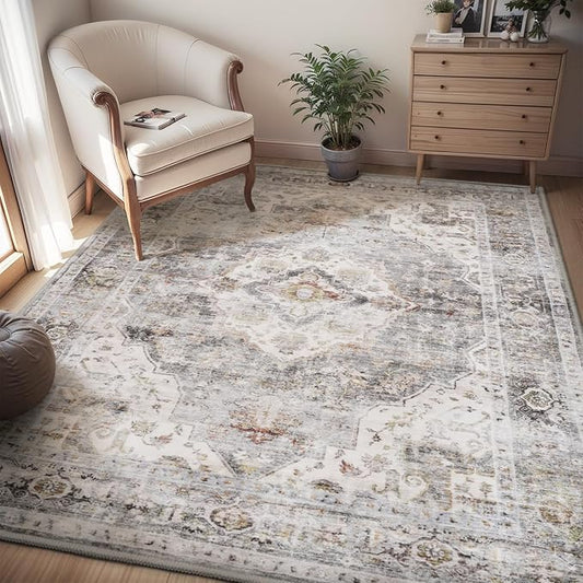 AMOAMI-4X6 Area Rugs for Living Room -Soft Vintage Bedroom Rugs-Non Slip Washable Rug-Throw for Living Room Bedroom Bedside Dining Room Office Grey