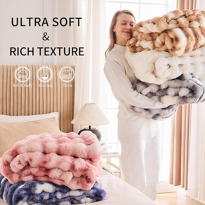 Cozy Faux Fur Throw Blanket for Bed-Warm Fuzzy Throw Blanket, Soft Plush Thick Bubble Blankets for Bedroom and Living Room, Furry Luxury Blanket, 90 x 108,Tie-Dye Grey