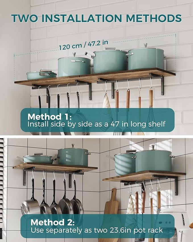 OROPY 2 Pack Wooden 23.6'' Pot Pan Hanging Rack Wall Mounted with 10 S Hooks, Set of 2 Large Pot Wall Holder Kitchen Shelves for Utensils, Cookware