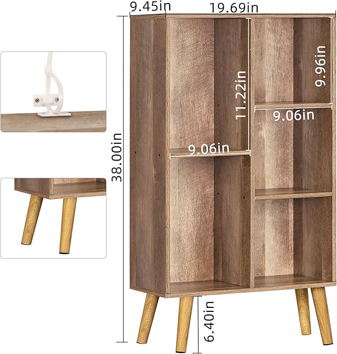 5 Cube Small Bookshelf,3 Tier Mid-Century Modern Bookcase with Legs,Wood Kids Bookshelves Storage Organizer Shelf,Free Standing Narrow Book Shelves,Oak Grey Corner Bookcases for Bedroom,Living Room