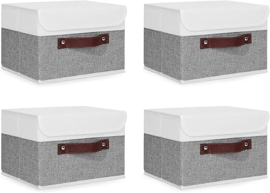 ANMINY 4PCS Storage Boxes with Lid Washable Decorative Storage Bins Basket with PU Leather Handle Foldable Linen Fabric Storage Cubes Containers for Home Closet Organizer - Gray White, Small Size