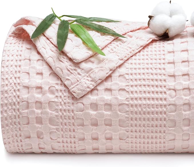 PHF Cooling Waffle Blanket Twin Size, Lightweight 60% Rayon Derived from Bamboo & 40% Cotton Breathable Blanket for Hot Sleepers, Soft and Luxury for Bed Couch and Sofa, 66"x90", Pink