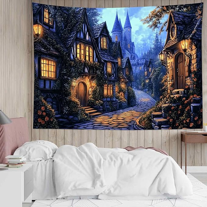 LB Vintage Castle Tapestry, Night Street Old House and Green Tree Wall Tapestry for Bedroom Aesthetic, Village Gothic Wall Art for Living Room Dorm Home Decor Ready to Hanging, 80 x 60 Inches