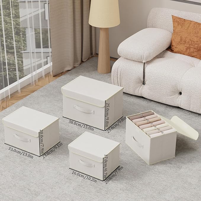 Storage Boxes, Collapsible Storage Bins with Lids, Cotton and linen cloth Storage Baskets with Handle, for Books, Closet, Bedroom, Home, 13x9.1x7.9 in, Beige