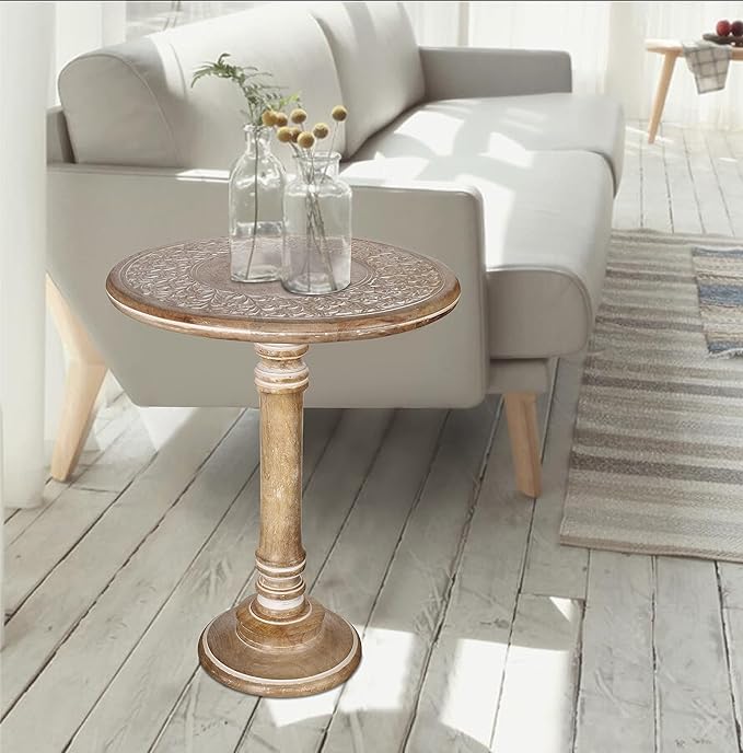 Lightnpro Carved Round End Table with Single Pillar - Handcrafted Accent Bedside Nightstand Side End Table for Living Room, Entryway, Vintage Desk for Books, Plants & Décor - 18x22 Inch - White Wash