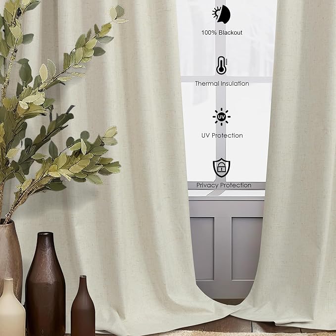Long Black Out Curtains 108 Inch Length 2 Panel Complete Blackout Full Light Blocking Heat Winter Cold Thermal Insulated Neutral Linen Drape for Bedroom Living Room Cloth Canvas Textured 9 FT Beige