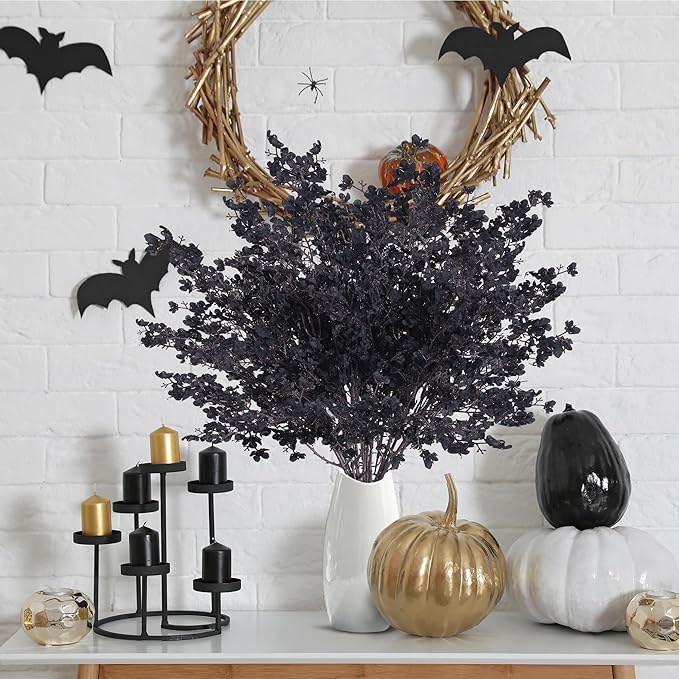 Sggvecsy 15 Pcs Babys Breath Artificial Flowers Gypsophila Bouquets Bulk Real Touch Fake Silk Flowers for Home Halloween Wedding DIY Floral Arrangement Table Centerpiece Festival Decoration (Black)