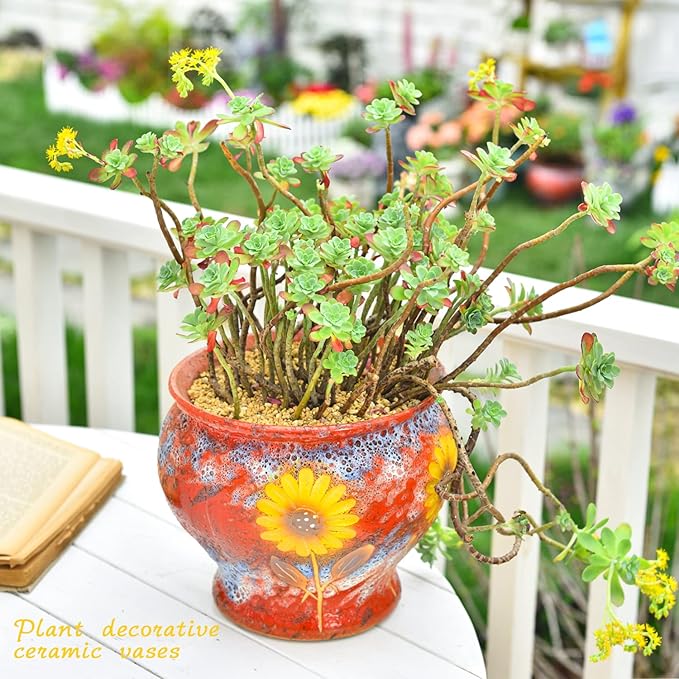 Sungmor Ceramic Hand Painted Succulent Flower Pots, 9 Inch Large Pottery Pots for Indoor Outdoor Plants, Decorative Ceramic Vase for Flower Arrangement Home Decor, Vintage Centerpieces Flowerpot