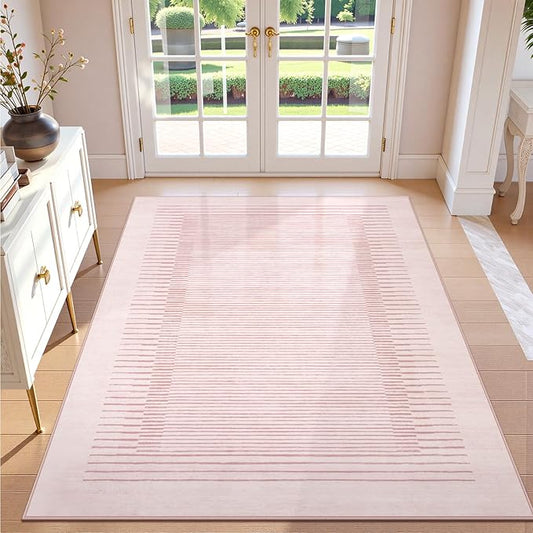 Wonnitar Washable Striped Living Room Area Rug 5x7, Non-Slip Berber Stripe Pink Area Rugs for Bedroom Girls, Low Pile Soft Large Throw Carpet for Kids Nursery Room (Pink,5' x 7')