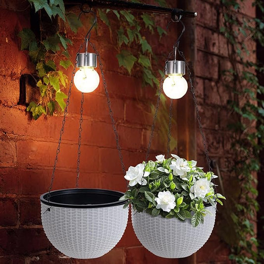 Hanging Pots for Plants Outdoor - 2 Pack White Artificial Rattan Solar Flower Baskets with Drainage Holes & Removable Tray, Garden Gifts for Women/Mothers, Porch, Balcony Decor