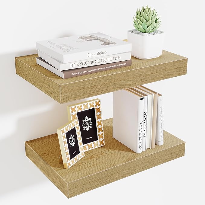 Fun Memories Floating Shelves for Wall - 10 x 16 Floating Shelf - Rustic Wood Storage Shelf - Wall Shelves with Invisible Bracket - 16" Bookshelves for Living Room & Bedroom - Oak - Set of 2