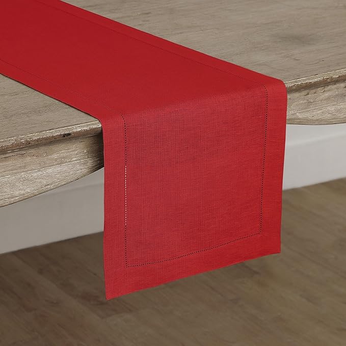 Solino Home Linen Table Runner 90 Inches Long - 100% Pure Linen Red Table Runner 14 x 90 Inch - Classic Hemstitch