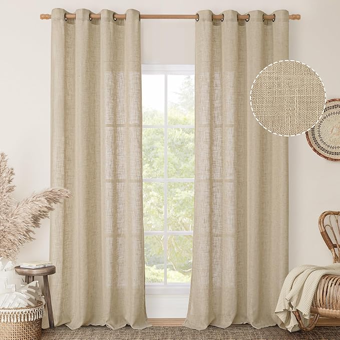 LAMIT 108 Inch Long Linen Curtains for Living Room, Light Filtering Bronze Grommet Window Textured Semi Sheer Burlap Drapes for Bedroom French Door, 2 Panels, 52 x 108 Inch, Brown