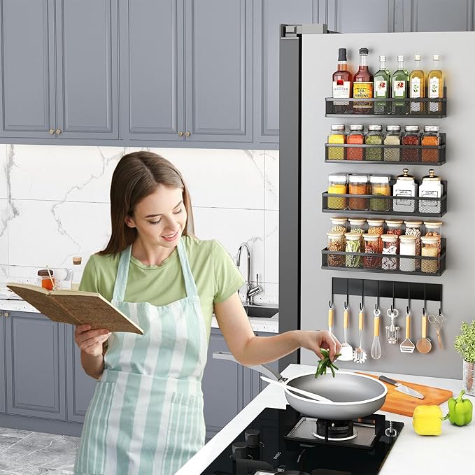 Magnetic Spice Rack for Refrigerator, 5 Pack Magnetic Shelf, Moveable Magnetic Fridge Organizer with 8-Hook Rack, Seasoning Organizer for Kitchen Organization and Storage (5 Pack)
