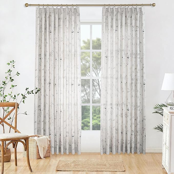 Pinch Pleated Floral Linen Curtains, 40 Inch Wide by 84 Inch Long Printed Curtains for Privacy Light Filtering, Suitable for Living Rooms and Sunrooms.2 Panels