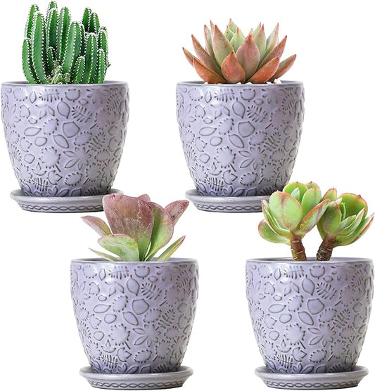 4 Inch Retro Ceramic Planter Set of 4 with Drainage Hole and Saucer for Plants, Indoor-Outdoor Small Garden Pots for Succulent, Herb and Flower (Fits Inner Pots Up to 3 Inch, Retro Purple)