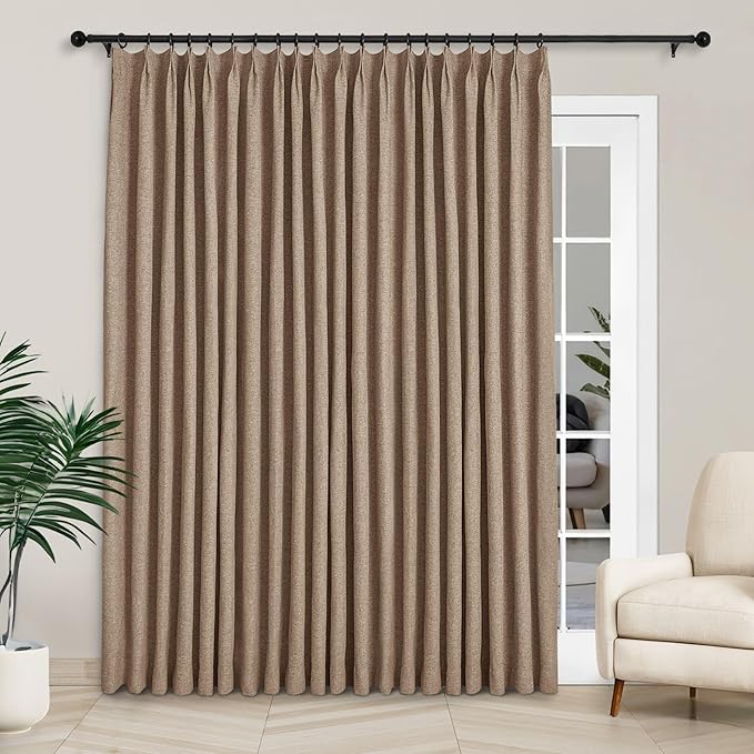 Macochico Extra Wide 100% Blackout Linen Curtains for Sliding Door Pleated Curtains with Hooks Insulated Soft Linen Drapes for Bedroom Living Room with Tieback Taupe 100”Wx84”L 1 Panel