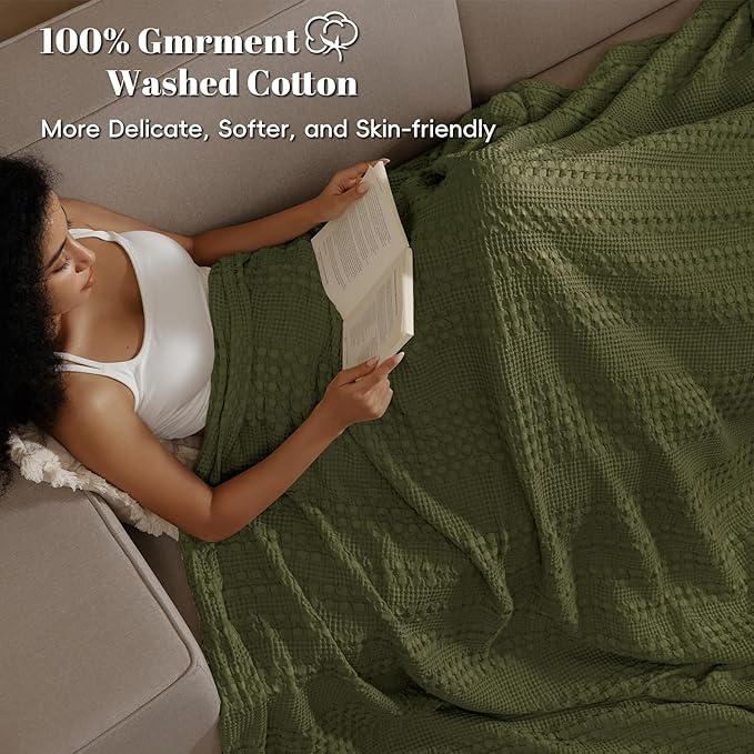 PHF 100% Cotton Waffle Weave Blanket Twin Size, Soft Lightweight Breathable Cozy Summer Blankets for Bed, Luxury Aesthetic Woven Bedding for Home Decor, 66"x90", Capulet Olive