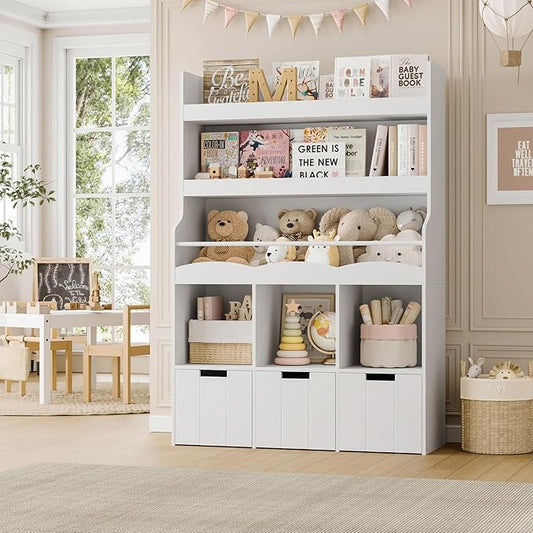 HITHOS 55.3" H Kids Bookshelf with Toy Storage Organizer, Tall Book Shelf with 3 Movable Toy Storage Bins, Large Kids Bookcase with Toy Chest, 39.2" W Modern Toy Box for Kid Room, Playroom, White