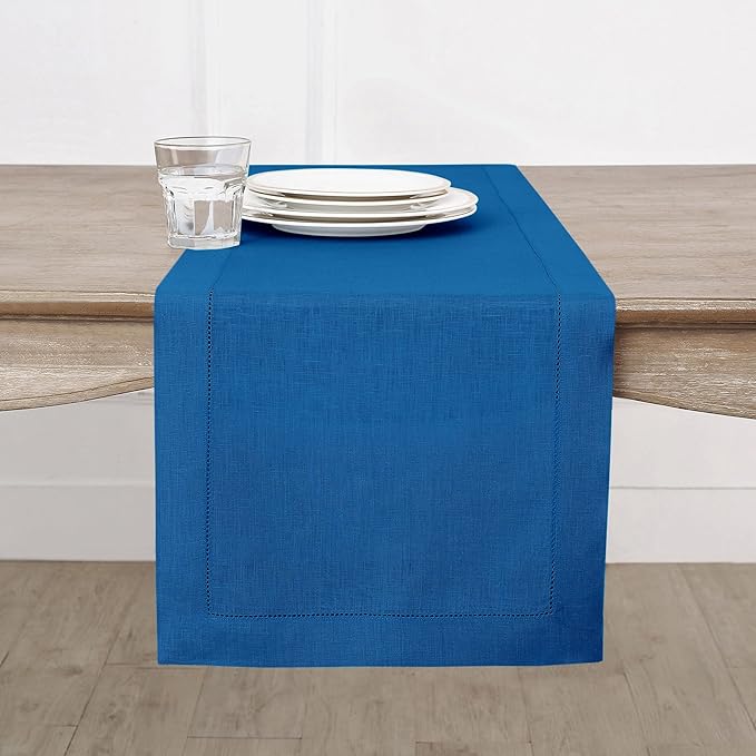 Solino Home Linen Indigo Blue Table Runner 72 Inches Long - 100% Pure Linen Hemstitch Table Runner 14 x 72 Inch for Dresser, Dining, Fall, Autumn, Halloween - Classic Hemstitch