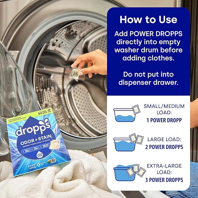 Dropps Odor & Stain Biobased Power Laundry Detergent Pods, Orange Blossom (64 Pods) - HE Compatible Laundry Pods for Fresh Clothes – Laundry Soap Supplies & Recyclable Paperboard Packaging