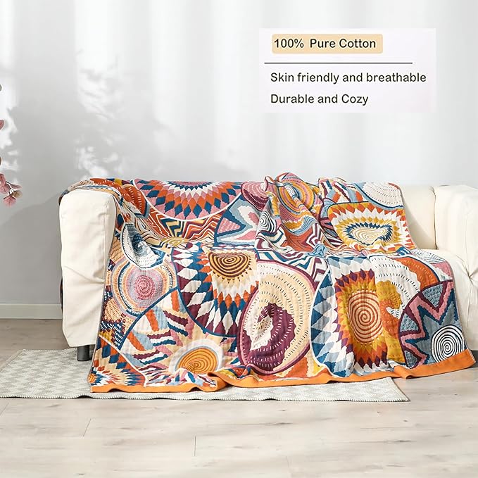 Boho Throw Blanket, 100% Organic Muslin Cotton Breathable Ultra Soft Bed Quilt Throw - All Season Floral Bird Butterfly Farmhouse Decor Blanket for Sofa Couch Chair and Gift. 80" x 90"