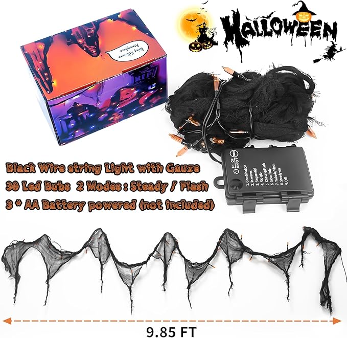 Halloween Horror Atmosphere Lights, Orange&Purple LED String Lights with 9.9FT Creepy Black Gauze, Battery Powered with Timer & 8 Flashing Modes (2 Pack Purple)