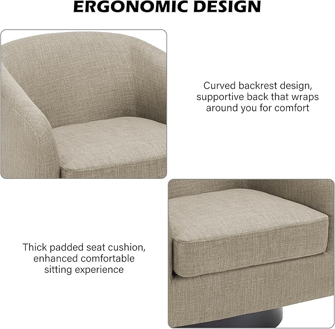Swivel Barrel Accent Chair, Modern Round Linen Arm Chair for Living Room, Bedroom, Comfy Club Reading Chairs for Adults-Linen Fabric Light Brown, 1SEAT