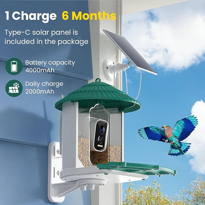 Bird Feeders for Outdoors, Smart Bird Feeder with Camera Solar Powered, AI Species Identification, 3K Video Live Stream Camera, 5Mp HD Night Vision, Instant Arrival Alerts