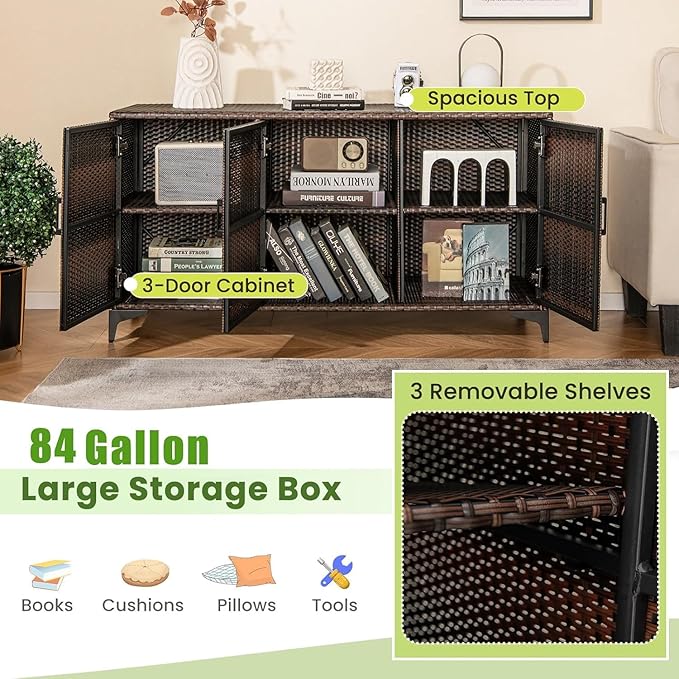 RELAX4LIFE 84-Gallon Outdoor Storage Box - Wicker Rattan 3-Door Patio Storage Cabinet Container w/Removable Shelves for Cushions, Garden Tools, Pool & Sports Equipment, Indoor Outdoor Deck Box (Brown)