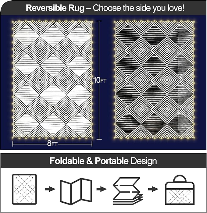 8x10ft Waterproof Outdoor Rug with LED Lights, Foldable Reversible Plastic Straw Mat for Patio RV Camping Picnic Balcony Beach Deck Indoor Outdoor Carpet, Black&White