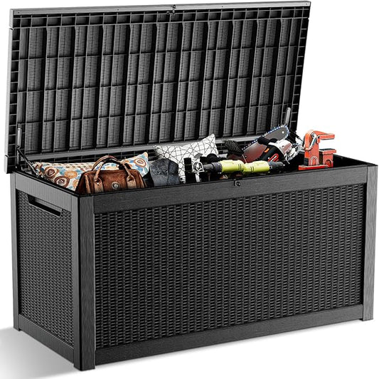 268 Gallon Outdoor Deck Box,Storage Lockable Waterproof Patio Furniture,Garden Tools,Cushions,Pool Accessories Outside Storage Resin Box(Black)