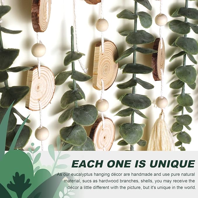 Artificial Eucalyptus Wall Decor Fake Greenery Leaves Stems Wall Hanging Plants on 16.5 inch Wooden Stick Boho Rustic Farmhouse Decor for Bedroom Kitchen Dining Room Bathroom