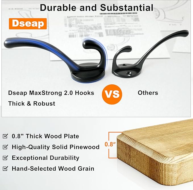 Dseap Coat Rack Wall: Patented, Heavy-Duty, 17.4" Long 5-Double-Hooks Wooden Wall Mounted Coat Rack Coat Hanger Hook Rail for Winter Coats Hat Jacket Clothing, Weathered Brown, Pack of 2