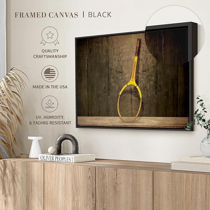 ElephantStock Vintage Tennis Racket Wall Art - Horizontal Framed Canvas - 1-Piece Living Room Wall Decor - Photography Sports Canvas Print - Brown and Black Decor for Wall - 25" X 17"