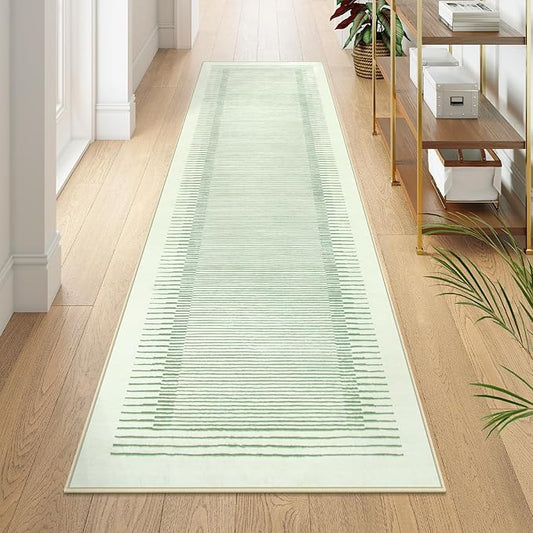 Wonnitar Washable Green Striped Runner Rug for Hallway 2'6"x8', Non-Slip Soft Runner Rug for Bedroom, Low Pile Minimalist 8ft Carpet Runner for Bathroom Laundry Kitchen (Green, 2'6" x 8')