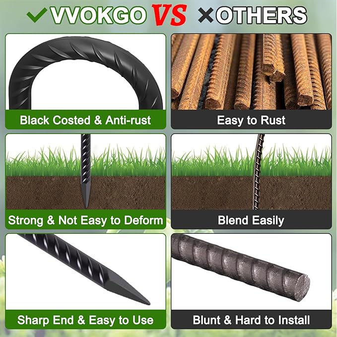 VVOKGO Rebar Stakes 12 Inches J Hook Heavy Duty Chain Link Fence Stakes, 59 Pcs Metal Long Tent Spikes Ground Anchors for Wire Fencing, Dogs Digging, Camping Tents, Swings, Greenhouse, Black