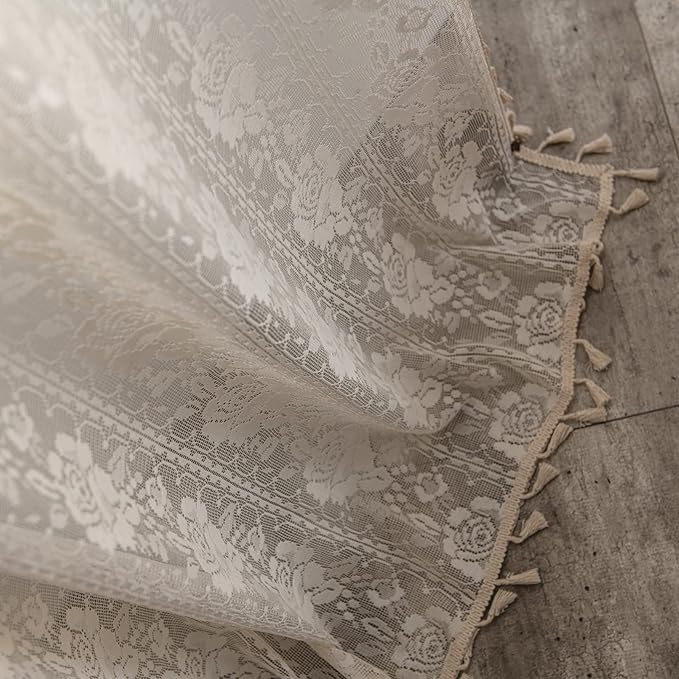 Sutuo Home Beige Boho Curtains for Bedroom Kid's Room,Bohemian Crochet Floral Embroidery Sheer Lace Curtains With Tassels Vintage Rustic Window Treatment Country Drape Rod Pocket 1 Panel 59" W x 90" L