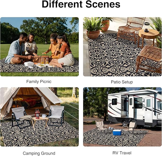 OLANLY Outdoor Rug Waterproof 5x8 ft Clearance, Reversible Outdoor Plastic Straw Rug with Floral Pattern, RV Mat for Patio, Camping, Balcony, Deck, Backyard, Black & Beige