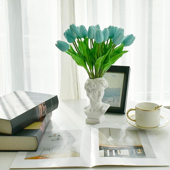 Mandy's Artificial Tulips 20 Stems Robin Egg Blue PU Faux Flowers for Wedding Home Decor 13.5 Inch