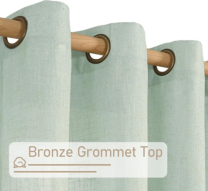LAMIT 72 Inch Linen Sheer Curtains for Bedroom, Linen Textured Light Filtering Drapes Bronze Grommet Boho Neutral Panels for Farmhouse/Living Room, 2 Panels, 52 x 72 Inch, Light Sage