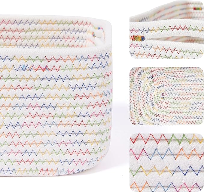 Small Storage Baskets for Organizing | Closet Organizer Bins | Shelf Toy Basket | Woven Rope Baskets | Cube Decorative Box | Shallow Basket | 13x8.5x5.1” | 4 Packs Rainbow