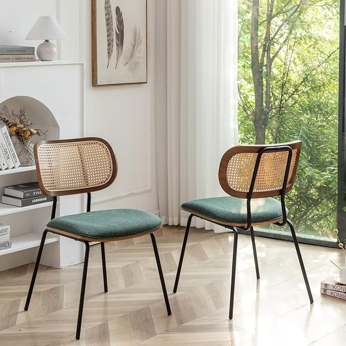 Rattan Dining Chairs Set of 2, Mid Century Modern Dining Chairs with Cane Back for Kitchen Dining Room, 19 Inch Fabric Green
